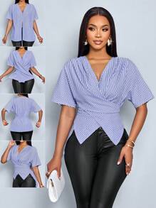 SOLERSUN Women's Stripe Print V-Neck Short Sleeve Crossed Design Blouse (Random Flower Print) - Blue - View 1