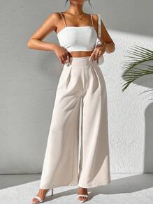 SHEIN Tall Women's Solid Color High Waist Pleated Wide Leg Casual Pants