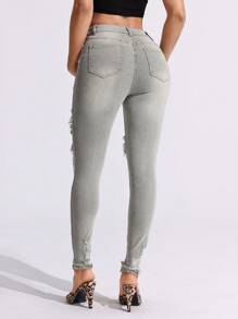 Women's Pocket Detail Ripped Skinny Casual Versatile Denim Jeans - Army Green - View 2