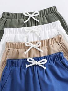 SHEIN Conjunto de 4 piezas de pantalones cortos informales y deportivos para niño pequeño, adecuados para uso diario, escuela, deportes, primavera/verano, que incluye: pantalones cortos blancos con cordón, pantalones cortos verdes, pantalones cortos azules, pantalones cortos negros