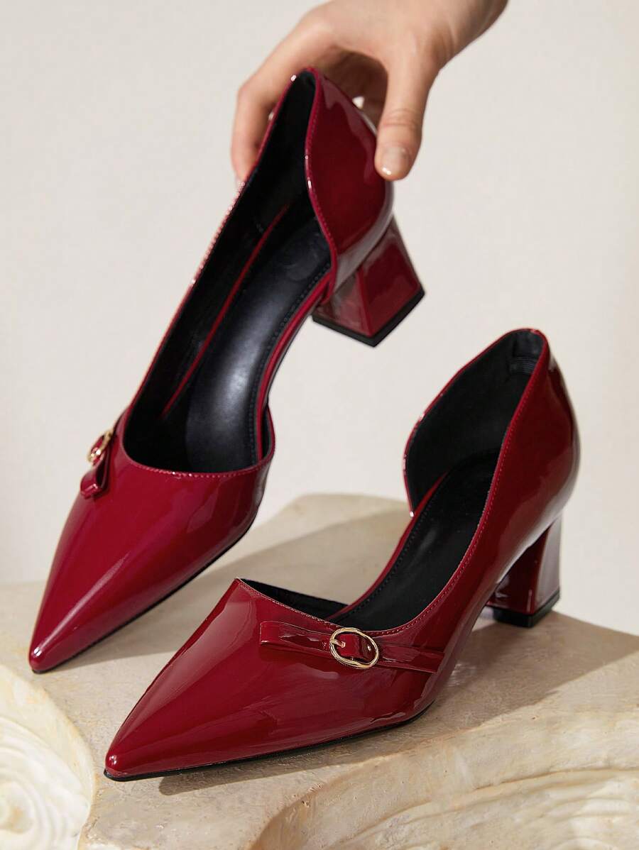 CUCCOO CHICEST 女士尖头粗跟高跟鞋，侧扣蝴蝶结设计，亮面漆皮优雅百搭高跟鞋，适合工作/通勤，红色 - 酒紅色 - 查看 1