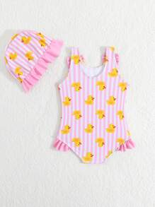 SHEIN Maillot de bain une pièce pour bébé fille avec imprimé rayures et canard jaune, pour les vacances à la plage