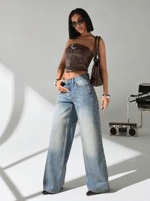 EURMUSE Cowgirl Outfit Y2K Vintage Blue Boyfriend Style Denim Pants Rave Outfits Women's Spring And Summer Loose Wide Leg Jeans - Medium Wash - View 5