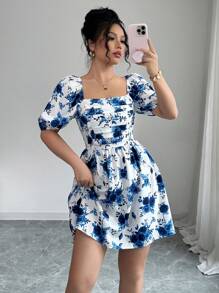 Elenzga 波西米亚印花百褶夏装，简约时尚 - 藍色 - 查看 6