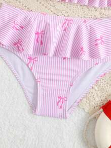 Conjunto de traje de baño para niñas con estampado de moños y volantes, color rosa