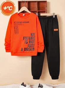 SHEIN 2pcs/Set Tween Boys Casual Letter Print Graphic Crew Neck Sweatshirt And Solid Color Fleece Lined Jogger Pants Set, Thickened