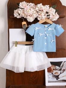2pcs/Set Baby Girls 2024 Summer New Knitwear Bow Short Sleeve Top + Baby Girls Summer New Fashionable Solid Color Splicing Mesh Tulle Ruffle Skirt - Baby Blue - View 5