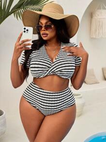 SHEIN Swim Curve Plus Size Women's 2 Pieces Set New Deep-V Twist-Front Short Sleeve High-Waist Triangle Bikini, Fashionable Casual Beach Swimming Suit