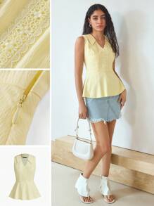 MOTF STUDIO CONTRAST LACE INSERT SLEEVELESS PEPLUM BLOUSE - Yellow - View 1