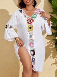 Swim Lushoire Plus Size Women's Single 3/4 Sleeve Crochet Floral Plus Size Beach Cover Up For Summer Beach Vacation - White - View 4