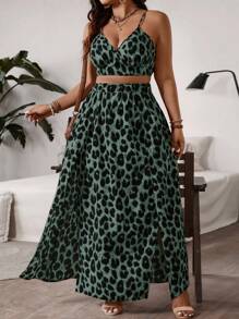 SHEIN VCAY 2pcs Plus Size Leopard Print Sling High Split Hem Skirt Set, Casual Holiday Outfit - Green - View 3