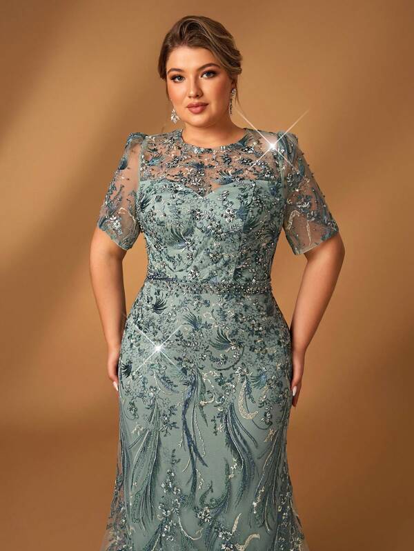 Serin Vestido largo de fiesta de talla grande elegante y romántico de color verde menta con cuello redondo, manga media, tela transparente con lentejuelas y malla, para uso formal para madres