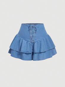 SHEIN MOD Plus Size Women Blue Cross Lace-Up Layered Denim Mini Skirt Shorts - Light Wash - View 1