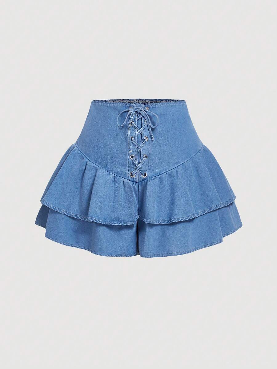 SHEIN MOD Plus Size Women Blue Cross Lace-Up Layered Denim Mini Skirt Shorts - Light Wash - View 1