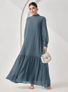 Veilorie Women's Elegant Solid Color Stand Collar Long Sleeve Ruffle Hem Dress - Blue - View 7