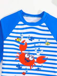 Baby Boy Striped Crab Print Raglan Sleeve Long Sleeve Top And Shorts Swimsuit Set - Blue - View 3