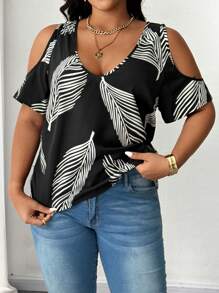 Maweii 大码 V 领露肩短袖全身印花休闲衬衫 - 黑與白 - 查看 4