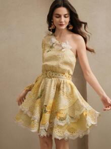 Anewsta Oblique Shoulder Ruffle Embroidered Print Accessory Waist Belt Patchwork Elegant Floral Dress, Festival/Going Out/Vacation Outfits For Women