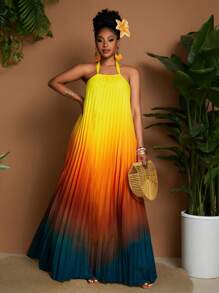 Maweii Plus Size Women's Sexy Gradient Print Halter Pleated Decor Versatile Fashion Spring/Summer New Dress - Multicolor - View 3