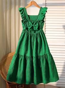 SHEIN Vestido de verano de nueva moda para vacaciones de playa, vestido largo con tirantes de lazo y espalda descubierta con mangas de campana para niñas y adolescentes, dulce y suave vestido para viaje a la playa