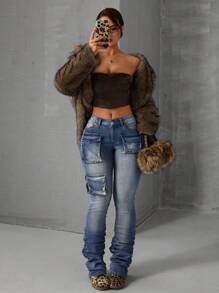 SHEIN ICON Women's Simple & Fashionable Denim Jeans, Suitable For Summer - Dusty Blue - View 4