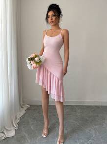 Chiquease Pink Asymmetric Ruffle Trim Cute Camisole And Mini Skirt Set - Pink - View 1