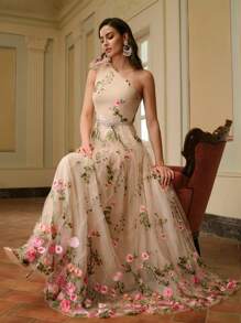 ZEYLAH 女士优雅派对 3D 花朵网眼刺绣不对称领口连衣裙 - 杏色 - 查看 2