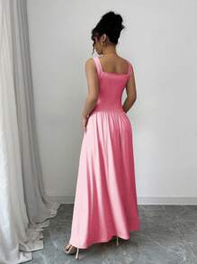 Rafferiza Đầm xếp ly không tay thanh lịch dành cho nữ có cổ vuông, màu trơn - Hồng - Xem 2