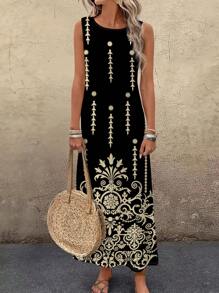 EMERY ROSE Women's Floral Print Round Neck Sleeveless Dress, Vacation Style Chic Dress - Multicolor - View 1