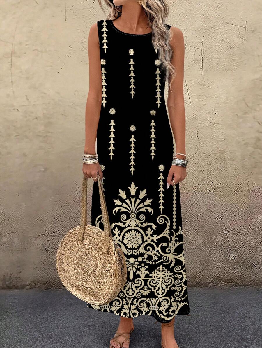 EMERY ROSE Women's Floral Print Round Neck Sleeveless Dress, Vacation Style Chic Dress - Multicolor - View 1