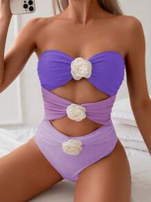 SHEIN Swim Women's 3-Layer Floral Decor Patchwork One Piece Swimsuit, Retro Design - Mauve Purple - View 1