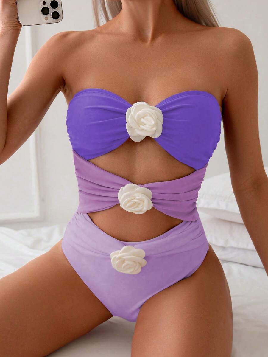 SHEIN Swim Women's 3-Layer Floral Decor Patchwork One Piece Swimsuit, Retro Design - Mauve Purple - View 1