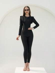 Swim Shayni 女士 3 件套保守泳装套装：长袖衬衫、长裤和纯色裹身裙，端庄修身，适合春假、中东、度假、布基尼风格 - 黑色 - 查看 8