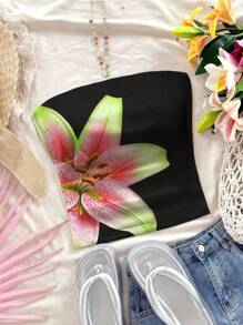 Soleia 女士休闲花卉印花抹胸短款度假上衣 - 黑色 - 查看 1