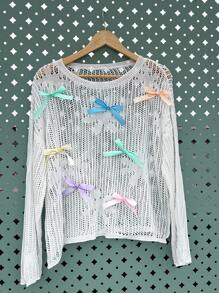 SHEIN EZwear 大码女式蝴蝶结装饰镂空长袖套头衫 - 白色 - 查看 3