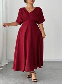 SHEIN CURVE+ Vestidos de cumpleaños talla grande CURVE+, vestidos de fiesta, elegantes, formales para mujeres, vestidos de noche, vestido rojo, plisado
