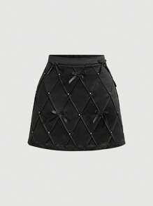 SHEIN MOD Falda acampanada con acento de lazo con tachas en estampado de cuadros