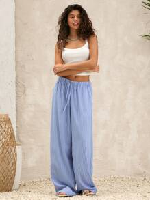 Manfinity Unisex Unisex Casual Woven Vertical Striped Mid Rise Drawstring Loose Wide Leg Pants, Suitable For Daily Wear - Blue - View 5