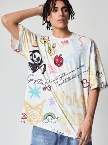 ROMWE MEN Anime 男士圆领短袖字母印花休闲 T 恤 - 白色 - 查看 1