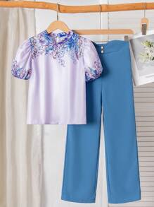 2pcs Tween Girls Floral Print Puff Sleeve Shirt And Solid Straight Leg Pants Set - Blue - View 1