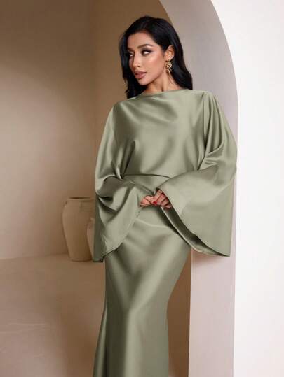 Veilorie Solid Color Long Sleeve Casual Long Arabic Style Dress Modest