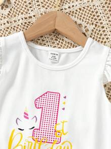 SHEIN Conjunto de 2 piezas para bebé niña: Camiseta de manga corta elástica con estampado de unicornio lindo y falda en A de malla color fucsia para el verano