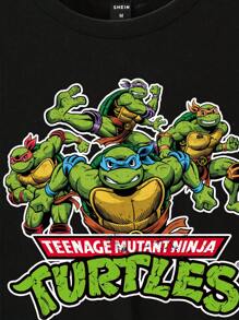 TEENAGE MUTANT NINJA TURTLES | SHEIN Men's Cartoon Turtle & Letter Graphic Round Neck Short Sleeve T-Shirt - Black - View 2