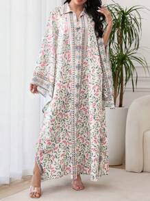 Al Najma 女士几何叶印花喇叭袖土耳其长裙和阿拉伯传统长袍 - 粉色 - 查看 5