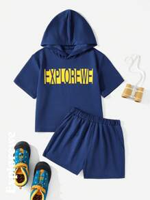 2pcs/Set Teenage Girls Fashion Long Sleeve Hoodie Sweatshirt And Sports Shorts Set, Autumn - Blue - View 1