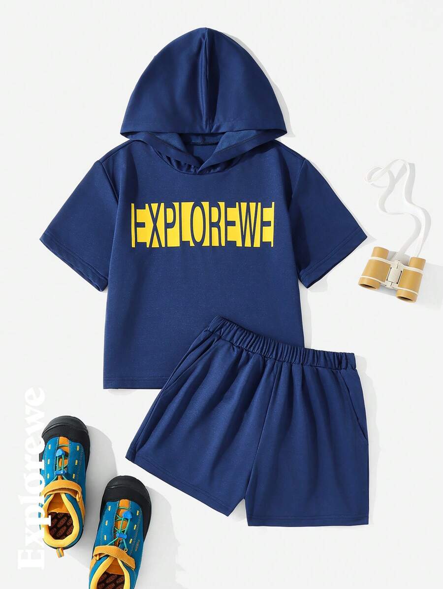 2pcs/Set Teenage Girls Fashion Long Sleeve Hoodie Sweatshirt And Sports Shorts Set, Autumn - Blue - View 1