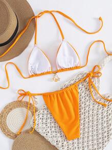 Swim SXY Set de 2 piezas de bikini de mujer con cuello de corbata metálico, en unicolor elegantes y sexys de estilo vintage