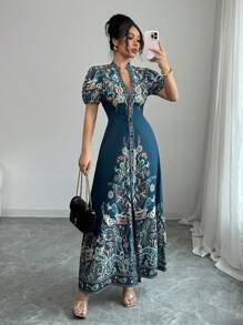 Elenzga 女式 2025 新款优雅性感深 V 领紧身长裙（印花） - 彩色 - 查看 3