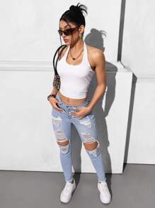 SHEIN EZwear 休闲洗水做旧修身牛仔裤 - 淺色水洗藍 - 查看 5