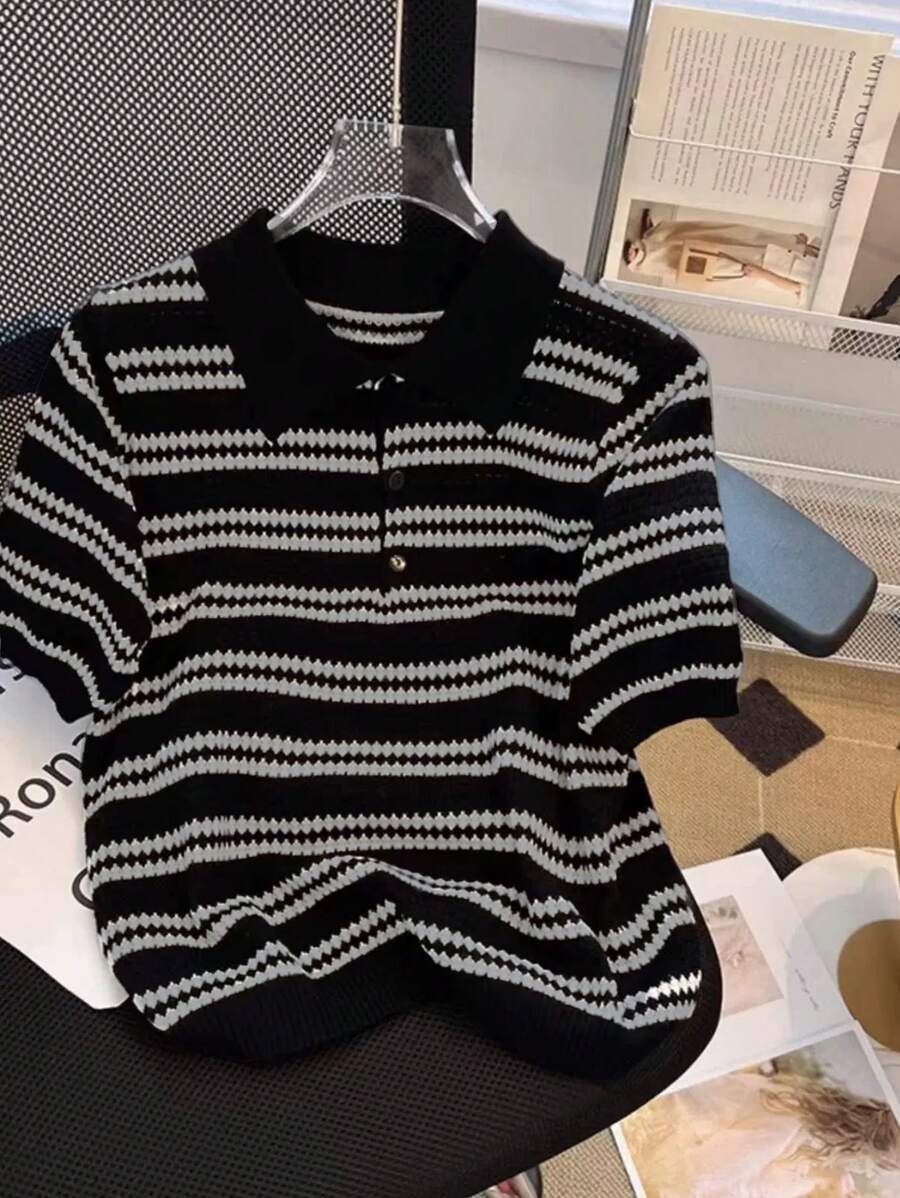 Manfinity Dauomo Men's Striped Polo Collar Short Sleeve Casual Knit Top - Multicolor - View 1